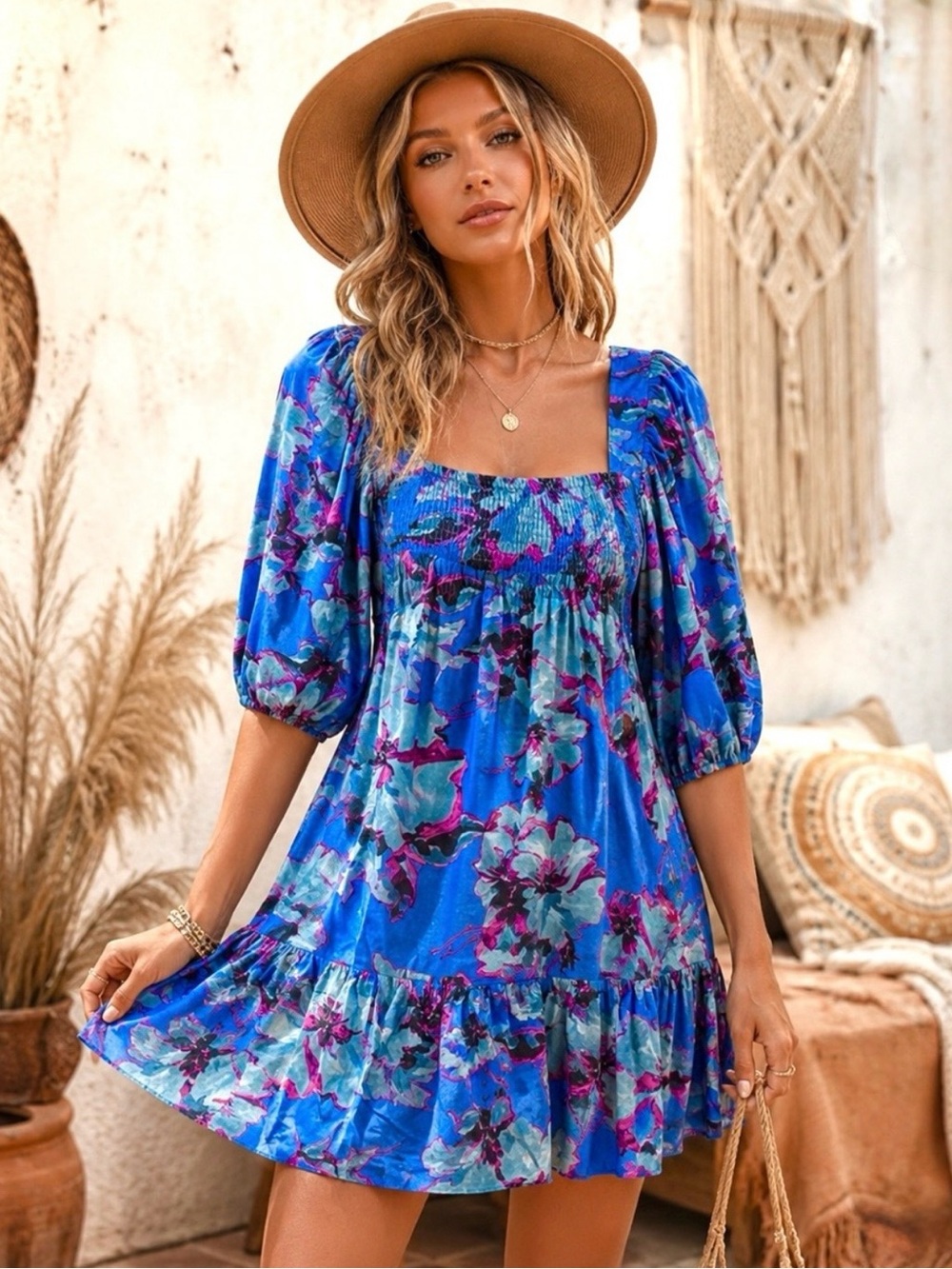 Band of the Free Lapis Blue Slate Soria Tropical Floral Mini Dress